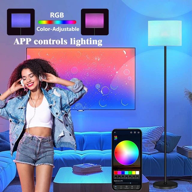 Alt view image 4 of 7 - Smart LED Floor Lamp with APP Control & RGB Colors - Dimmable Standing Lamp for Living Room, Bedroom, Gaming - Remote, Timer, 9W Bulb Included, 60.6" Modern Tall Lamp (Beige)
