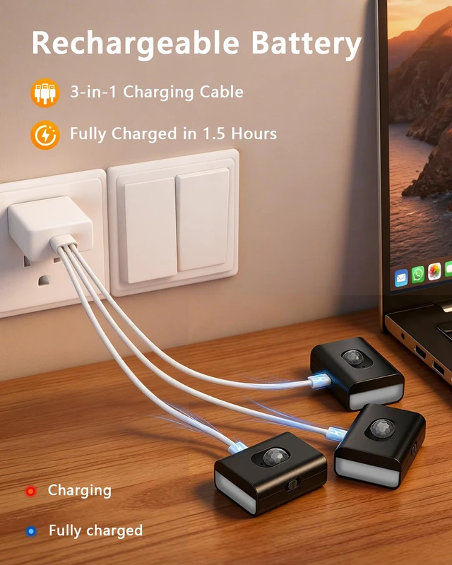 Alt view image 5 of 7 - Rechargeable Motion Sensor Light Indoor, LED Night Lights 10 Pack Mini Wireless Magnetic Night Light with 3-in-1 Charging Cable for Stairway, Hallway, Bathroom, Bedroom, Kitchen & Closet