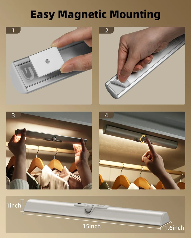 Alt view image 7 of 7 - 15in Closet Lights, Motion Sensor Lights Rotatable Sensor, Rechargeable Battery, No-Glare, 3 Color Temps, Dimmable, Indoor Use, Pantry, Wardrobe, 2 Pack