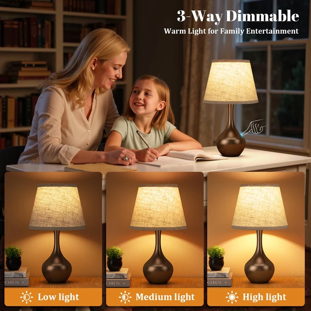 Alt view image 2 of 7 - 16.1" Touch Table Lamp for Nightstand, 3 Way Dimmable Small Bedroom Lamp Touch Control, Set of 2, Bulb Included, Brown Bedside Lamps for Desk, Night Stands, Living Room, End Table, Corded
