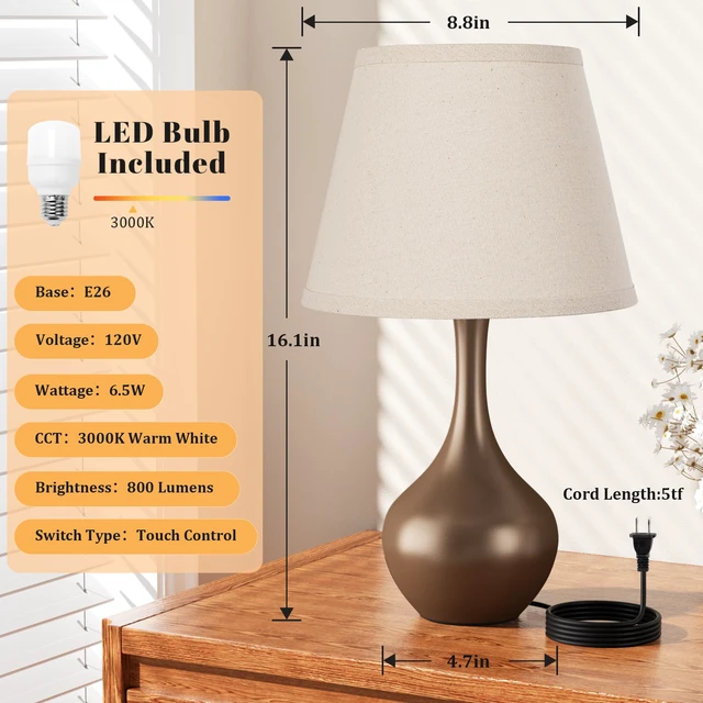 Alt view image 5 of 7 - 16.1" Touch Table Lamp for Nightstand, 3 Way Dimmable Small Bedroom Lamp Touch Control, Set of 2, Bulb Included, Brown Bedside Lamps for Desk, Night Stands, Living Room, End Table, Corded