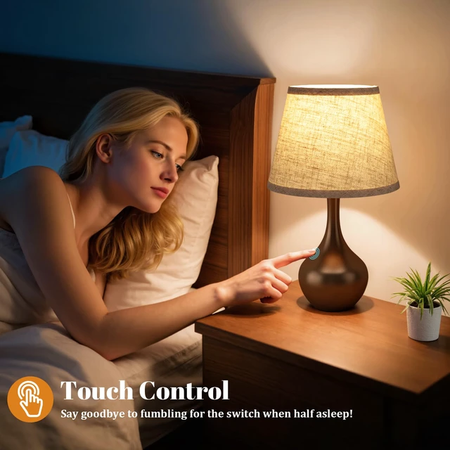 Alt view image 3 of 7 - 16.1" Touch Table Lamp for Nightstand, 3 Way Dimmable Small Bedroom Lamp Touch Control, Set of 2, Bulb Included, Brown Bedside Lamps for Desk, Night Stands, Living Room, End Table, Corded