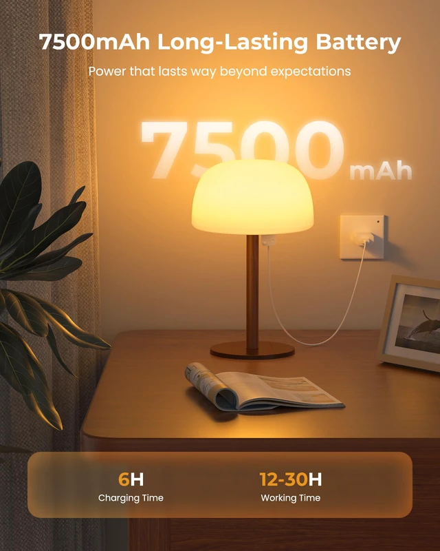 Alt view image 3 of 7 - Shower Lamp Waterproof, Cordless IP65 Shower Lights for Inside Shower, 7500mAh Rechargeable Battery, 3 White Tones & 15 RGB Stepless Dimming LED Table Lamp for Bathroom Home Indoor (Walnut)