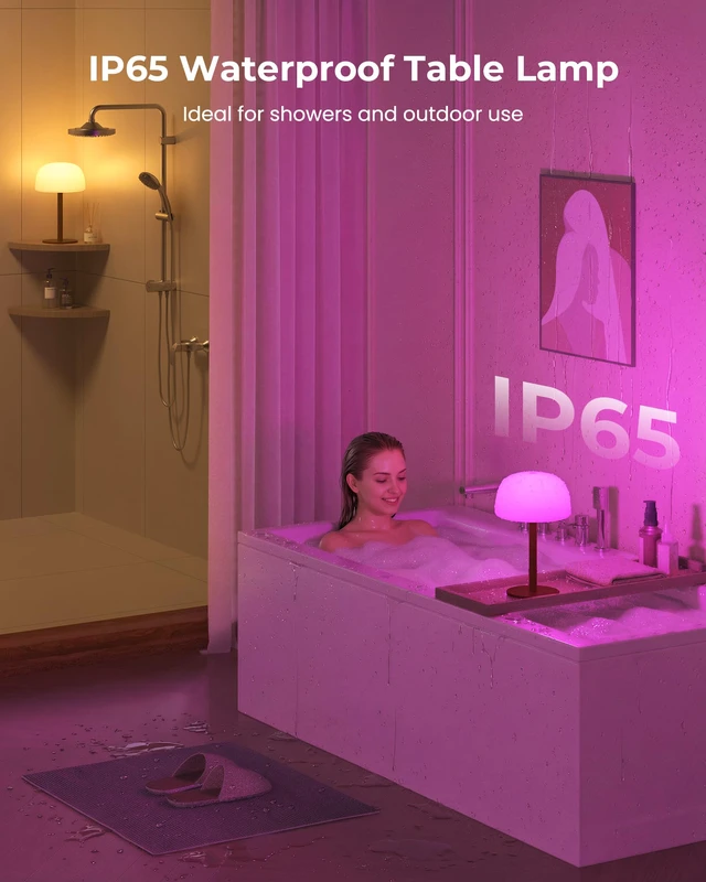 Alt view image 2 of 7 - Shower Lamp Waterproof, Cordless IP65 Shower Lights for Inside Shower, 7500mAh Rechargeable Battery, 3 White Tones & 15 RGB Stepless Dimming LED Table Lamp for Bathroom Home Indoor (Walnut)