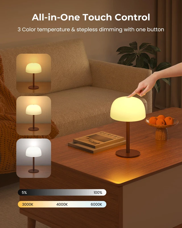 Alt view image 4 of 7 - Shower Lamp Waterproof, Cordless IP65 Shower Lights for Inside Shower, 7500mAh Rechargeable Battery, 3 White Tones & 15 RGB Stepless Dimming LED Table Lamp for Bathroom Home Indoor (Walnut)