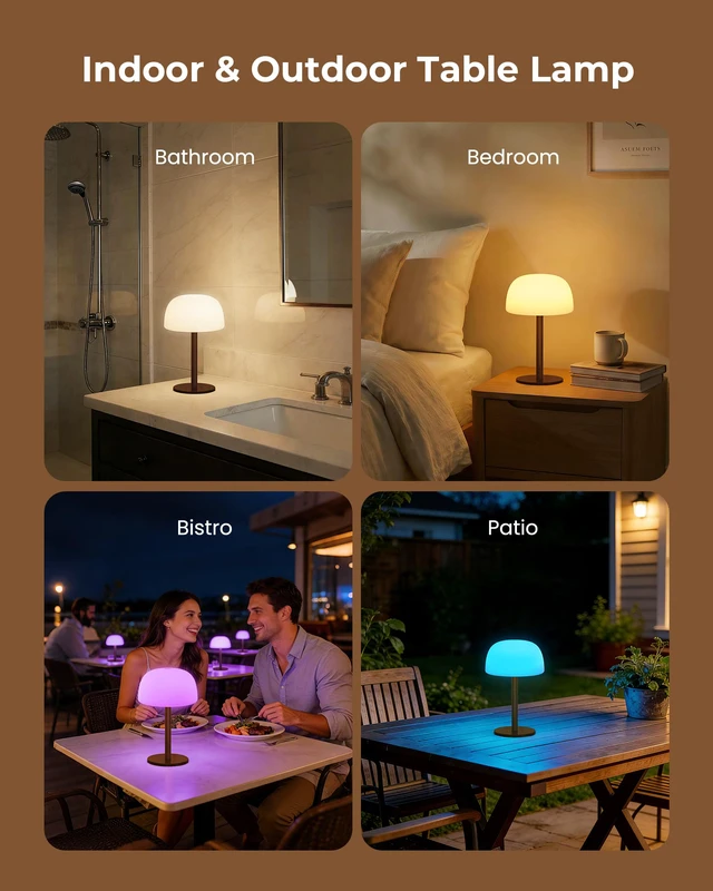 Alt view image 7 of 7 - Shower Lamp Waterproof, Cordless IP65 Shower Lights for Inside Shower, 7500mAh Rechargeable Battery, 3 White Tones & 15 RGB Stepless Dimming LED Table Lamp for Bathroom Home Indoor (Walnut)
