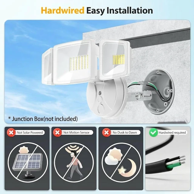 Alt view image 2 of 7 - 75W Flood Lights Outdoor, 7000LM Brightness Security Lights Switch Controlled, 3 Adjustable Heads, IP65 Waterproof, 6500K Wall Mount Exterior LED Flood Light