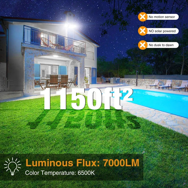 Alt view image 3 of 7 - 75W Flood Lights Outdoor, 7000LM Brightness Security Lights Switch Controlled, 3 Adjustable Heads, IP65 Waterproof, 6500K Wall Mount Exterior LED Flood Light