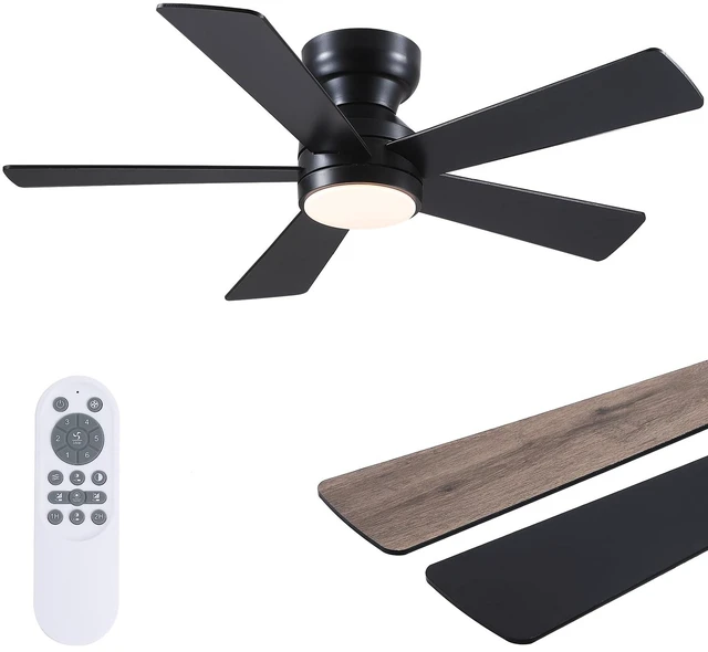 Main image of Black Ceiling Fans with Lights - 46" Flush Mount Ceiling Fan with Remote and 5 Reversible Blades, 3CCT Dimmable, 6 Wind Speeds&2H Timer, Indoor Low Profile Fan Light Fixture for Modern Bedroom