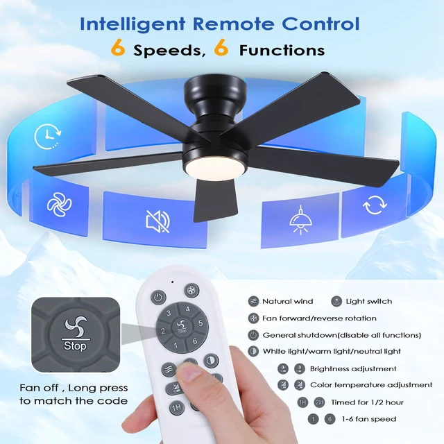 Alt view image 3 of 7 - Black Ceiling Fans with Lights - 46" Flush Mount Ceiling Fan with Remote and 5 Reversible Blades, 3CCT Dimmable, 6 Wind Speeds&2H Timer, Indoor Low Profile Fan Light Fixture for Modern Bedroom