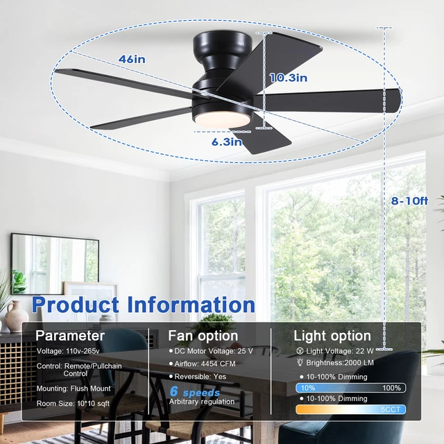Alt view image 6 of 7 - Black Ceiling Fans with Lights - 46" Flush Mount Ceiling Fan with Remote and 5 Reversible Blades, 3CCT Dimmable, 6 Wind Speeds&2H Timer, Indoor Low Profile Fan Light Fixture for Modern Bedroom