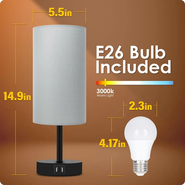 Alt view image 6 of 7 - Bedside Lamp with USB Port - Touch Control Table Lamp for Bedroom 3 Way Dimmable Nightstand Lamp with Round Grey Fabric Shade for Living Room, Dorm, Home Office (LED Bulb Included)