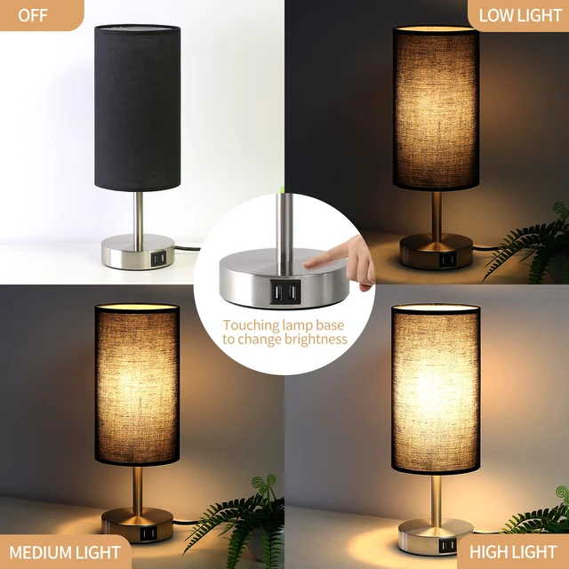 Alt view image 2 of 6 - Bedside Lamp with USB Port - Touch Control Table Lamp for Bedroom Wood 3 Way Dimmable Nightstand Lamp with Round Black Shade for Living Room, Dorm, Home Office (LED Bulb Included) (Blacl2)