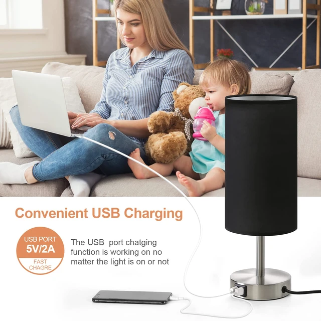 Alt view image 3 of 6 - Bedside Lamp with USB Port - Touch Control Table Lamp for Bedroom Wood 3 Way Dimmable Nightstand Lamp with Round Black Shade for Living Room, Dorm, Home Office (LED Bulb Included) (Blacl2)