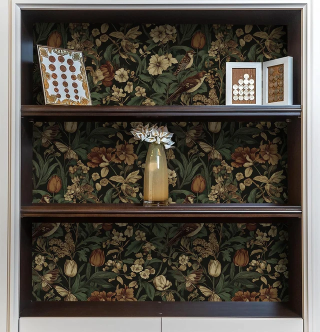 Alt view image 5 of 7 - Retro Floral and Bird Contact Paper Vintage Peel and Stick Wallpaper 17.3" x197" Bedroom Decorative Self Adhesive Wallpaper Boho Floral Leaf Removable Wallpaper for Accent Wall Covering