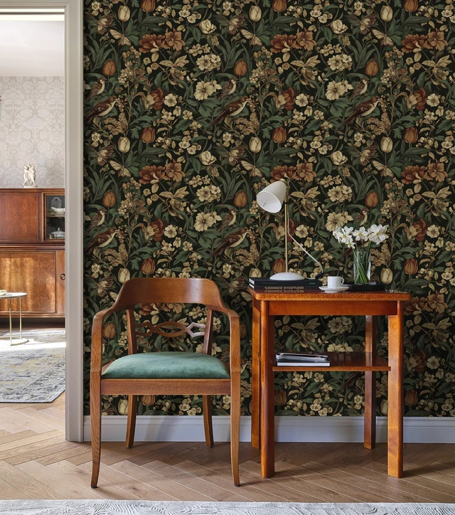 Alt view image 4 of 7 - Retro Floral and Bird Contact Paper Vintage Peel and Stick Wallpaper 17.3" x197" Bedroom Decorative Self Adhesive Wallpaper Boho Floral Leaf Removable Wallpaper for Accent Wall Covering