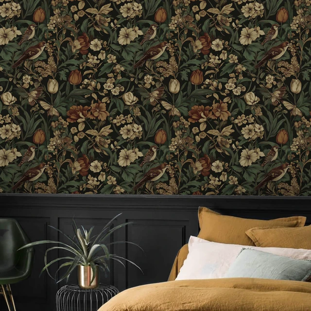Alt view image 3 of 7 - Retro Floral and Bird Contact Paper Vintage Peel and Stick Wallpaper 17.3" x197" Bedroom Decorative Self Adhesive Wallpaper Boho Floral Leaf Removable Wallpaper for Accent Wall Covering