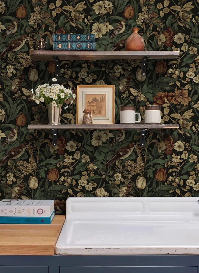 Alt view image 7 of 7 - Retro Floral and Bird Contact Paper Vintage Peel and Stick Wallpaper 17.3" x197" Bedroom Decorative Self Adhesive Wallpaper Boho Floral Leaf Removable Wallpaper for Accent Wall Covering