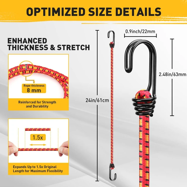 Alt view image 2 of 7 - 24" Elastic Bungee Cords with Hooks: 10 Pcs Bungee Cords Heavy Duty Outdoor, Bungie Cord Bundle Assortment with Metal Hook, Bungee Straps for Kayaking, Camping, Garage Storage