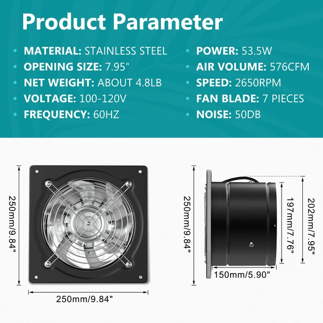 Alt view image 4 of 7 - 8 Inch Exhaust Fan with Switch, Powerful Kitchen Exhaust Fan with Damper, Potable Window Exhaust Fans, Small Fume Extractor Ventilation Fan for Attic, Shop, Smoking Room, Garage