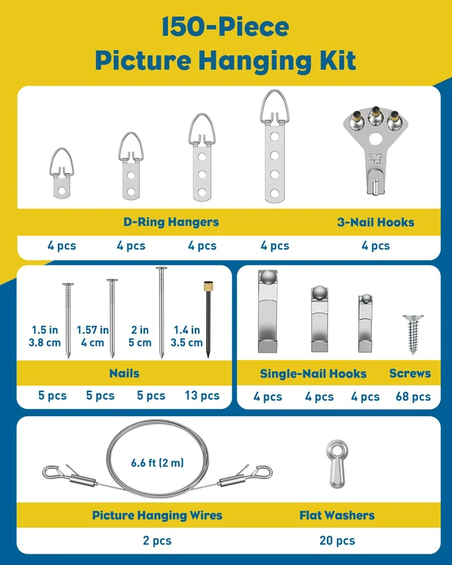Alt view image 2 of 7 - 150 Pcs Picture Hanging Kit, 6.6 ft x 1/16" Picture Hanging Wire, Picture Wire Hanging Kit with D Rings, Hooks, Nails & Screws, Picture Hangers for Photo Frame, Mirror, Curtain & Art