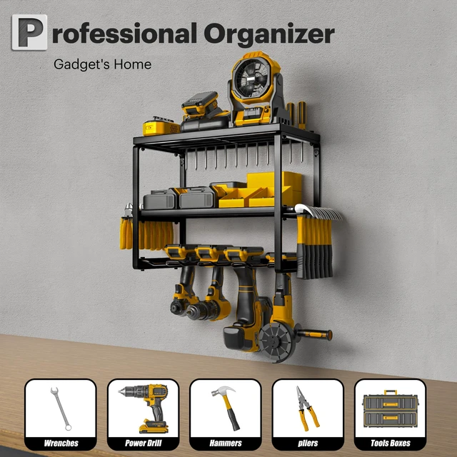 Alt view image 2 of 7 - Power Tool Organizer, 3 Layers 4 Drill Holder Wall Mount Garage Storage Rack for Handheld, Metal Tool Shelf Utility Rack for Cordless Power Tools, Suitable for Giving men