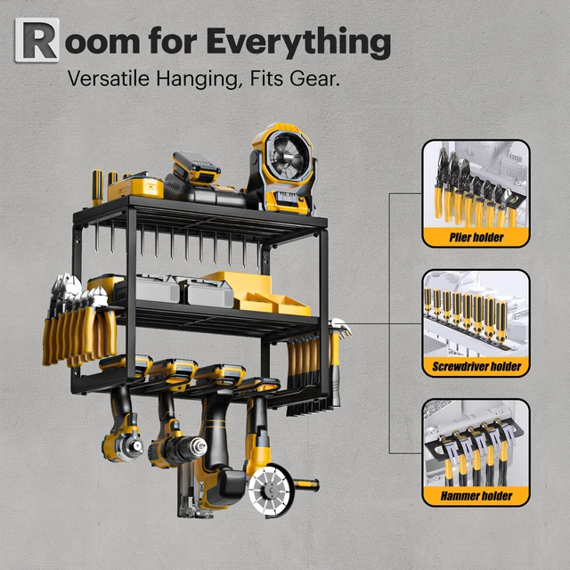 Alt view image 3 of 7 - Power Tool Organizer, 3 Layers 4 Drill Holder Wall Mount Garage Storage Rack for Handheld, Metal Tool Shelf Utility Rack for Cordless Power Tools, Suitable for Giving men