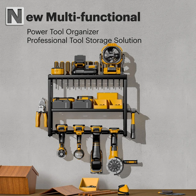 Alt view image 7 of 7 - Power Tool Organizer, 3 Layers 4 Drill Holder Wall Mount Garage Storage Rack for Handheld, Metal Tool Shelf Utility Rack for Cordless Power Tools, Suitable for Giving men