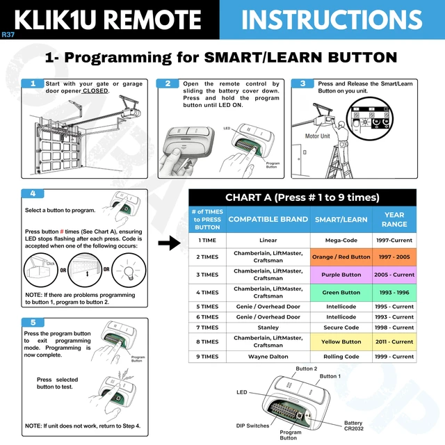 Alt view image 3 of 7 - 3X Universal Door Opener Remote 375LM KLIK1U 375UT Clicker 2-Button Replacement for Chamberlain LiftMaster Craftsman Genie Linear, Operates 2 Doors or Gates, Dip Switch & Learn Button