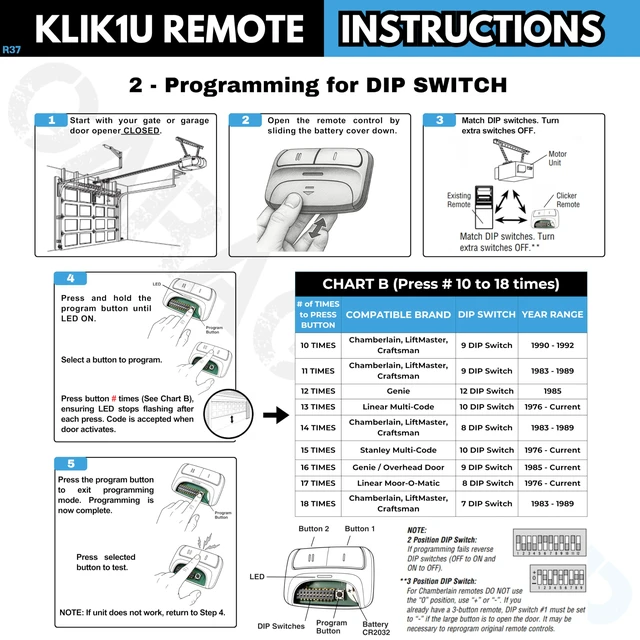 Alt view image 4 of 7 - 3X Universal Door Opener Remote 375LM KLIK1U 375UT Clicker 2-Button Replacement for Chamberlain LiftMaster Craftsman Genie Linear, Operates 2 Doors or Gates, Dip Switch & Learn Button