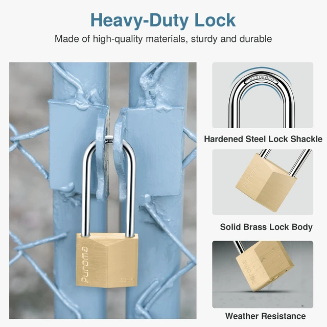Alt view image 4 of 7 - 4 Keyed Padlock 6 Keys Outdoor Solid Brass Lock 2.6" Shed Gate Hasp Keyed Alike, Heavy-Duty, Outdoor Use, Weather-resistant, High Security, Resist Cut and Pry, Long shackle, for Chain Gate Hasp