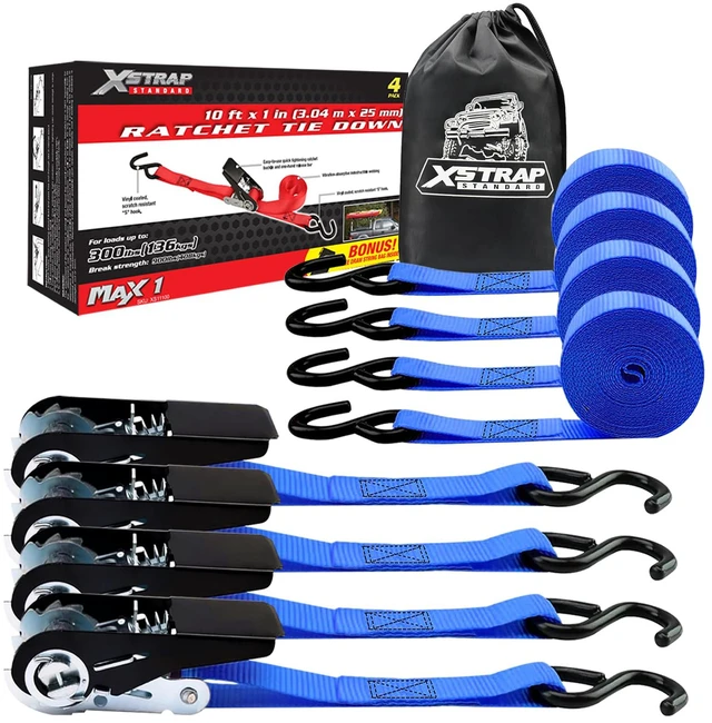 Main image of 4-Pack Ratchet Tie Down Straps, 1" x 10FT Cargo Strap, Blue 900 Lbs Break Strength Securing Straps with S-Hook for UTV, ATV, Pickup,Truck, Moving Appliances, Lawn Equipment