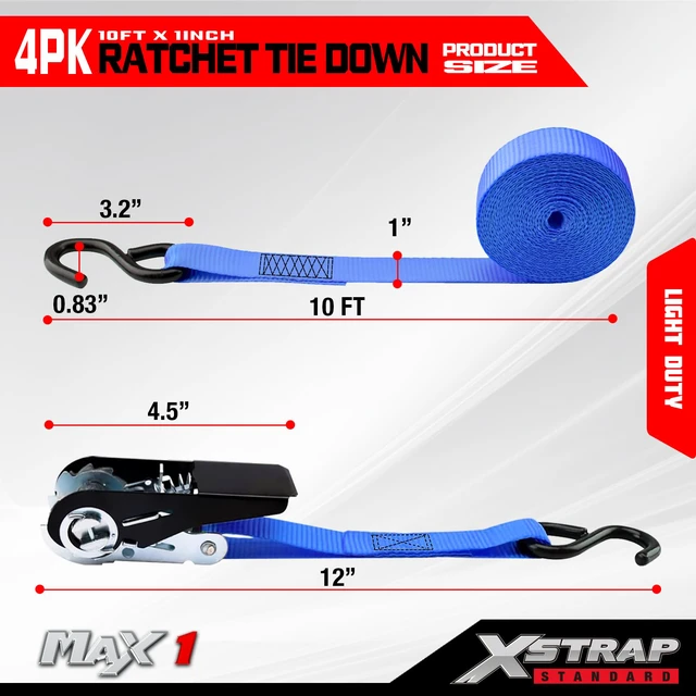 Alt view image 3 of 7 - 4-Pack Ratchet Tie Down Straps, 1" x 10FT Cargo Strap, Blue 900 Lbs Break Strength Securing Straps with S-Hook for UTV, ATV, Pickup,Truck, Moving Appliances, Lawn Equipment