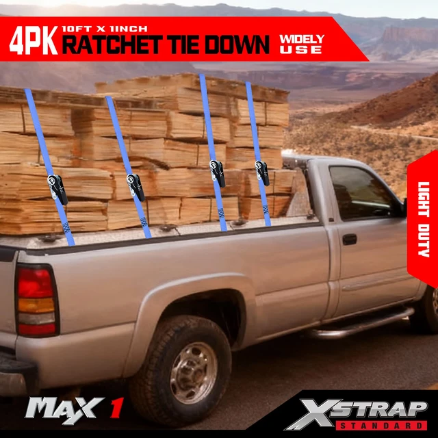 Alt view image 6 of 7 - 4-Pack Ratchet Tie Down Straps, 1" x 10FT Cargo Strap, Blue 900 Lbs Break Strength Securing Straps with S-Hook for UTV, ATV, Pickup,Truck, Moving Appliances, Lawn Equipment