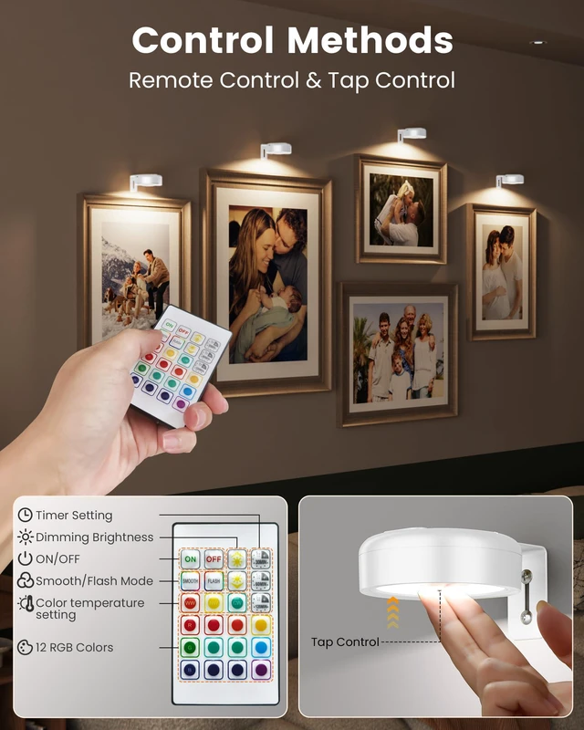 Alt view image 7 of 7 - Picture Lights for Wall,Wireless 2000mAh Rechargeable Magnetic LED Puck Lights with Remote,3 Color Temps and 12 RGB,Dimming & Timer,Art Frame Light for Painting Display,Photos,Wall Decor(3 Pack)