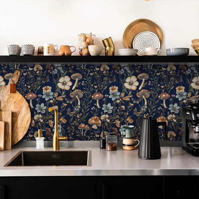 Alt view image 3 of 7 - Dark Blue Mushroom Peel and Stick Wallpaper Floral Contact Paper 16.9" x 393.7" Navy Blue Floral Wallpaper Vintage Boho Wildflower Self Adhesive Removable Wall Paper Kitchen Bathroom Vinyl