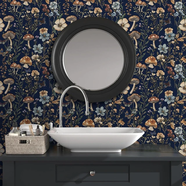 Alt view image 2 of 7 - Dark Blue Mushroom Peel and Stick Wallpaper Floral Contact Paper 16.9" x 393.7" Navy Blue Floral Wallpaper Vintage Boho Wildflower Self Adhesive Removable Wall Paper Kitchen Bathroom Vinyl
