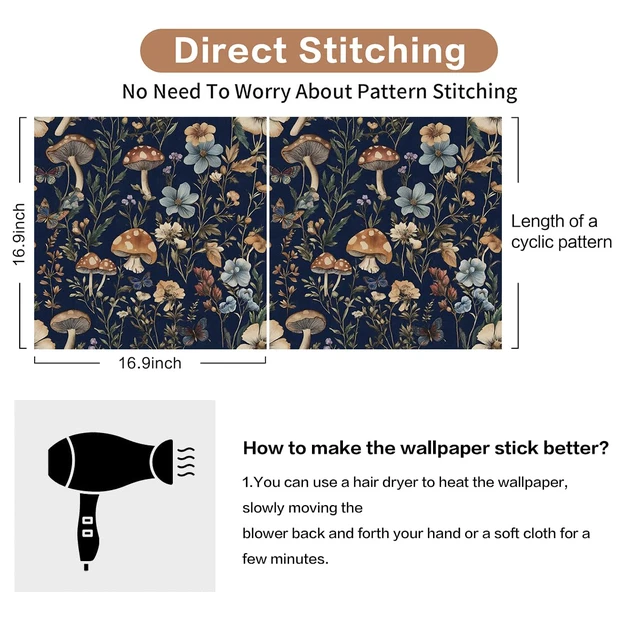 Alt view image 4 of 7 - Dark Blue Mushroom Peel and Stick Wallpaper Floral Contact Paper 16.9" x 393.7" Navy Blue Floral Wallpaper Vintage Boho Wildflower Self Adhesive Removable Wall Paper Kitchen Bathroom Vinyl