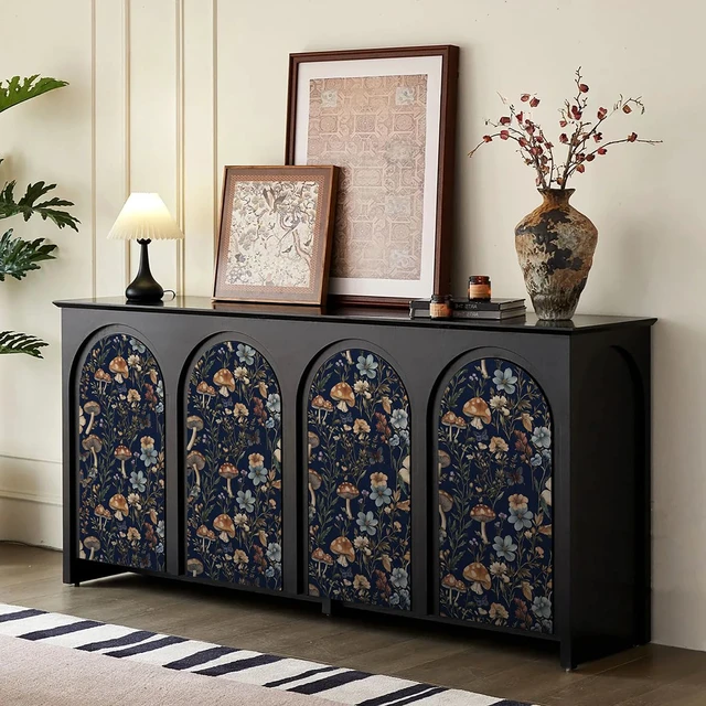 Alt view image 5 of 7 - Dark Blue Mushroom Peel and Stick Wallpaper Floral Contact Paper 16.9" x 393.7" Navy Blue Floral Wallpaper Vintage Boho Wildflower Self Adhesive Removable Wall Paper Kitchen Bathroom Vinyl