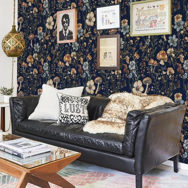 Alt view image 6 of 7 - Dark Blue Mushroom Peel and Stick Wallpaper Floral Contact Paper 16.9" x 393.7" Navy Blue Floral Wallpaper Vintage Boho Wildflower Self Adhesive Removable Wall Paper Kitchen Bathroom Vinyl