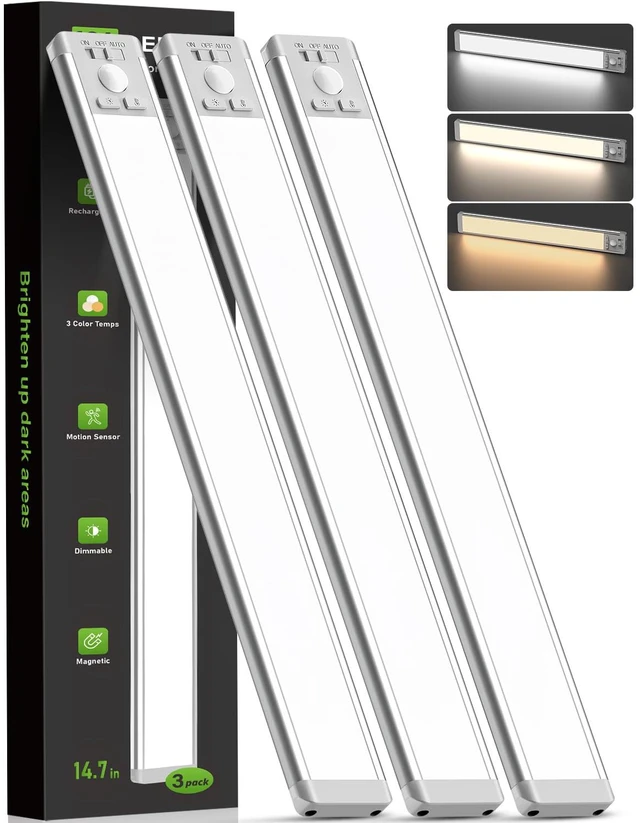Main image of 14.7inch Under Cabinet Lighting, Wireless Motion Sensor Light,3 Pack 3 Color Temps, Rechargeable, 2200mAh, Dimmable, Magnetic, LED Closet Light, Under Counter Lights for Kitchen, Stairs, Hallway
