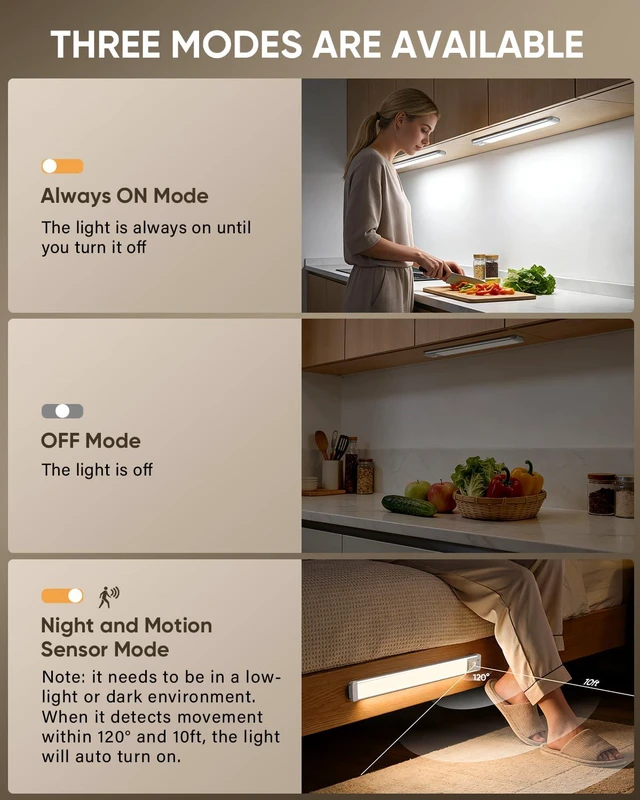 Alt view image 4 of 7 - 14.7inch Under Cabinet Lighting, Wireless Motion Sensor Light,3 Pack 3 Color Temps, Rechargeable, 2200mAh, Dimmable, Magnetic, LED Closet Light, Under Counter Lights for Kitchen, Stairs, Hallway