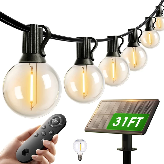 Main image of 25FT 13LED Solar String Lights Outdoor Waterproof with Remote, USB G40 Shatterproof Outdoor Lights, Dimmable Timer, 3 Modes, Solar Powered Patio Lights for Bistro Cafe Garden Camping Pergola