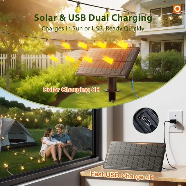 Alt view image 2 of 7 - 25FT 13LED Solar String Lights Outdoor Waterproof with Remote, USB G40 Shatterproof Outdoor Lights, Dimmable Timer, 3 Modes, Solar Powered Patio Lights for Bistro Cafe Garden Camping Pergola
