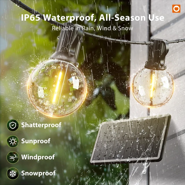 Alt view image 3 of 7 - 25FT 13LED Solar String Lights Outdoor Waterproof with Remote, USB G40 Shatterproof Outdoor Lights, Dimmable Timer, 3 Modes, Solar Powered Patio Lights for Bistro Cafe Garden Camping Pergola