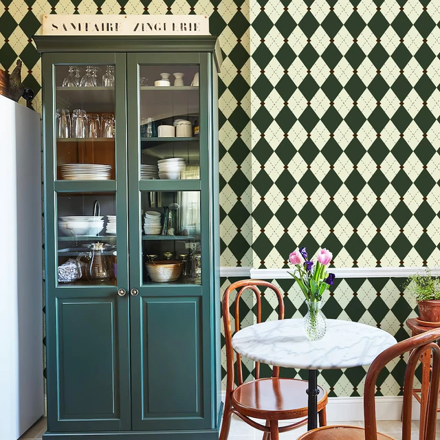 Alt view image 3 of 7 - Retro Peel and Stick Wallpaper Black and Green Wallpaper Vintage Plaid British Geometric Wall Paper for Bathroom Kitchen Cabinet Contact Paper 17.3"x480"