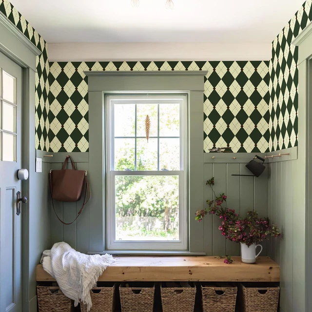 Alt view image 4 of 7 - Retro Peel and Stick Wallpaper Black and Green Wallpaper Vintage Plaid British Geometric Wall Paper for Bathroom Kitchen Cabinet Contact Paper 17.3"x480"