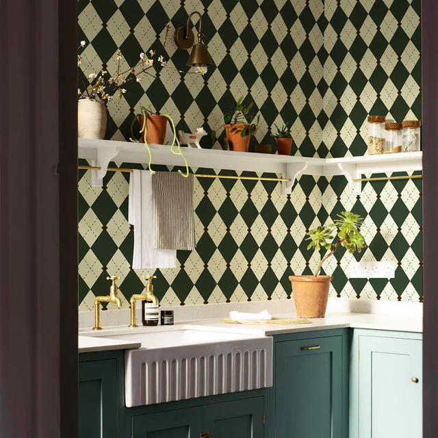 Alt view image 5 of 7 - Retro Peel and Stick Wallpaper Black and Green Wallpaper Vintage Plaid British Geometric Wall Paper for Bathroom Kitchen Cabinet Contact Paper 17.3"x480"
