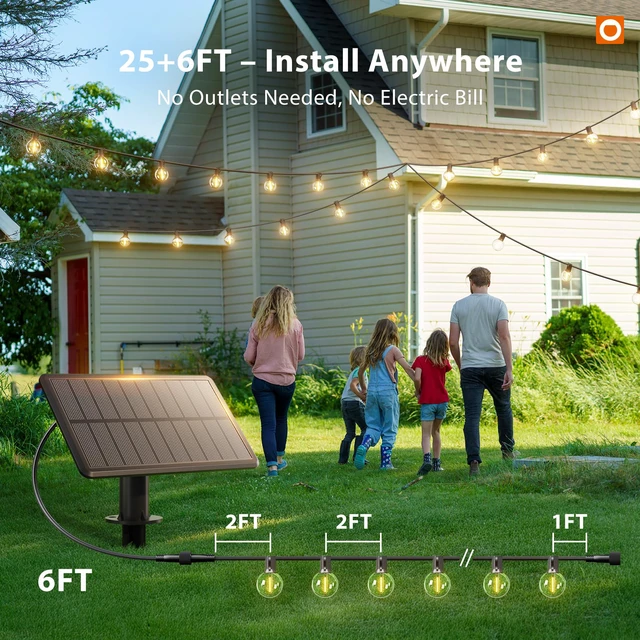 Alt view image 7 of 7 - 25FT 13LED Solar String Lights Outdoor Waterproof with Remote, USB G40 Shatterproof Outdoor Lights, Dimmable Timer, 3 Modes, Solar Powered Patio Lights for Bistro Cafe Garden Camping Pergola