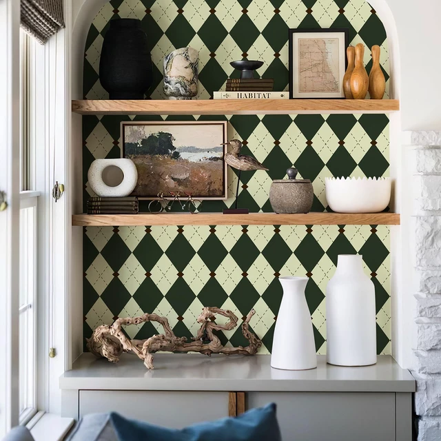 Alt view image 6 of 7 - Retro Peel and Stick Wallpaper Black and Green Wallpaper Vintage Plaid British Geometric Wall Paper for Bathroom Kitchen Cabinet Contact Paper 17.3"x480"